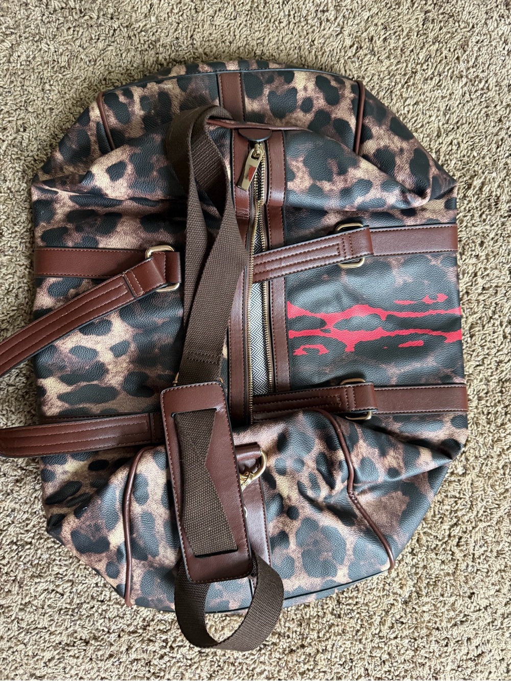 Leopard Print Travel Duffel Bag with Brown Trim